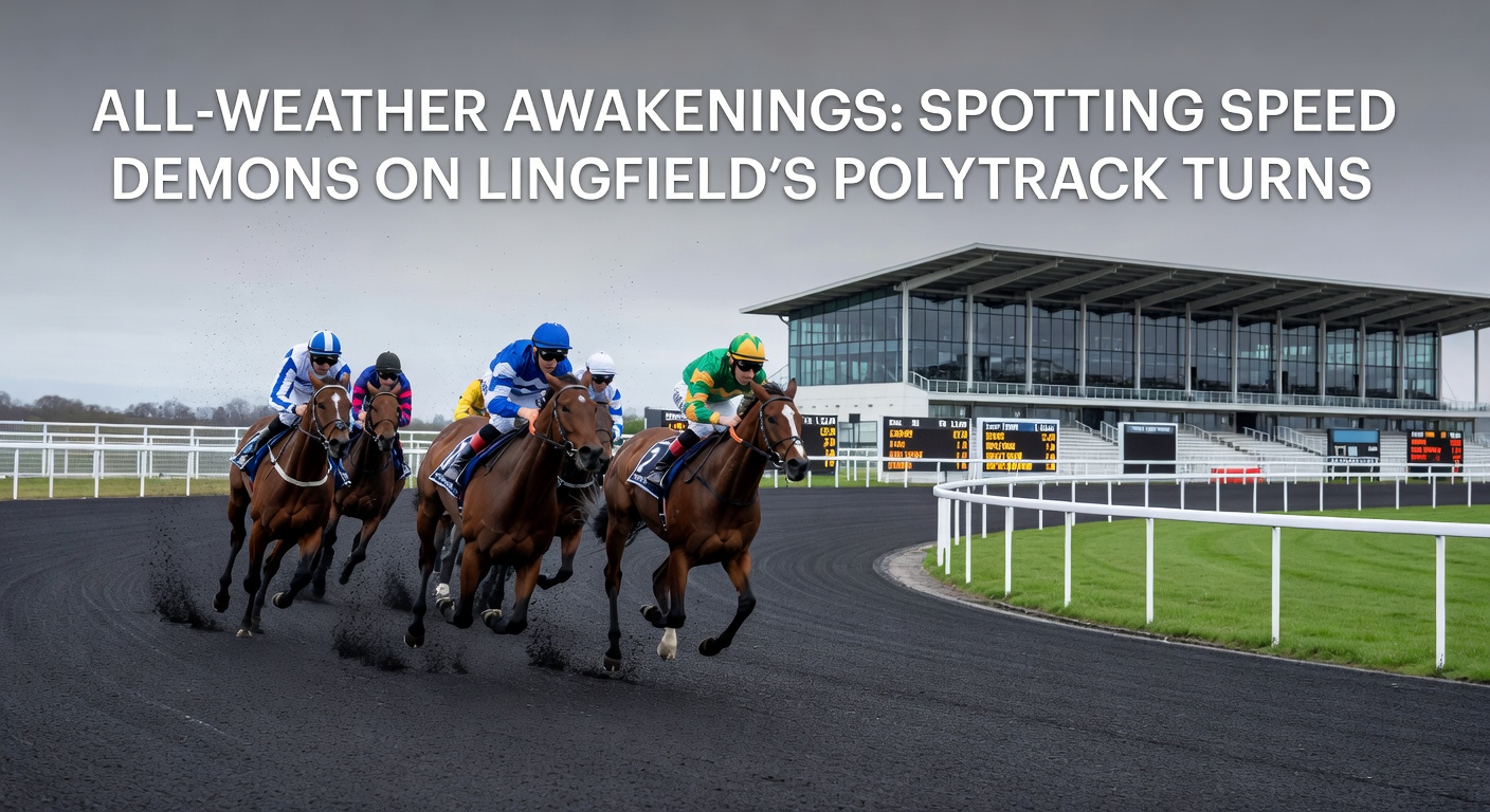 Close-up of a speed demon horse powering through Lingfield's polytrack turn, kicking up minimal debris on the synthetic surface