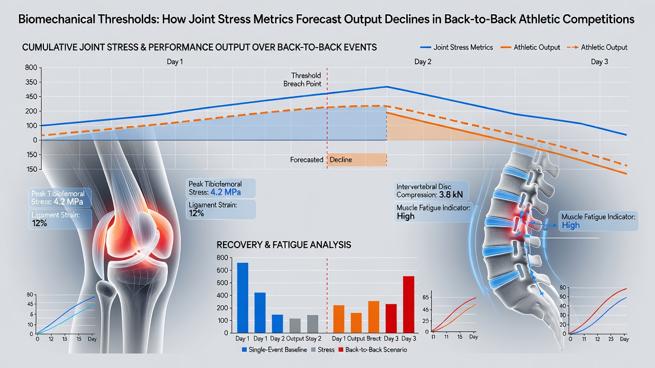 Sports scientist reviewing real-time biomechanical data dashboards showing joint torque trends across consecutive games