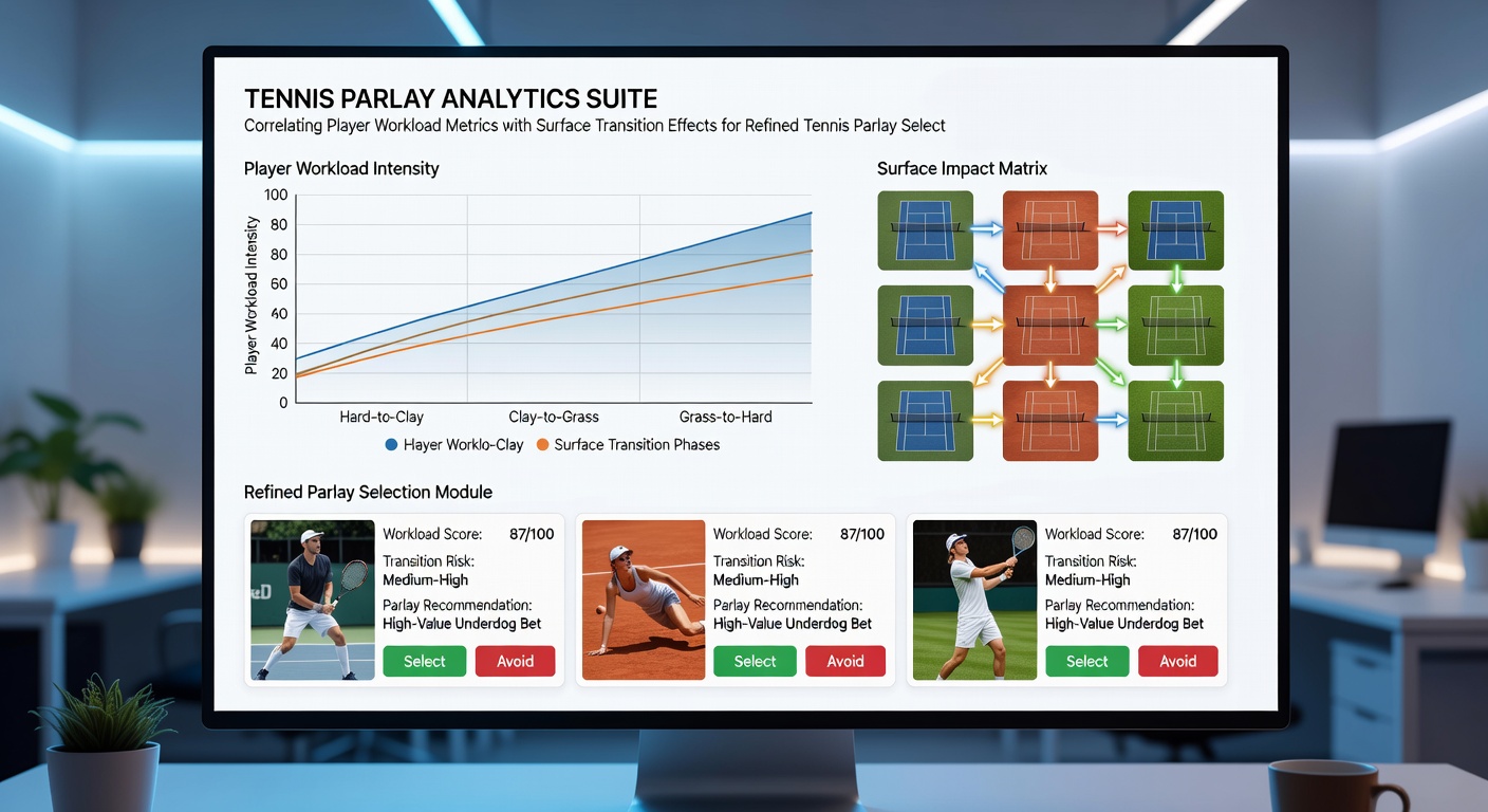Detailed view of tennis court surface types side by side with overlaid performance metrics and player workload charts