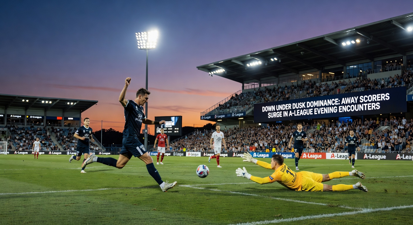 Close-up of an A-League away forward slotting home a dusk goal past a diving keeper, stadium lights blazing