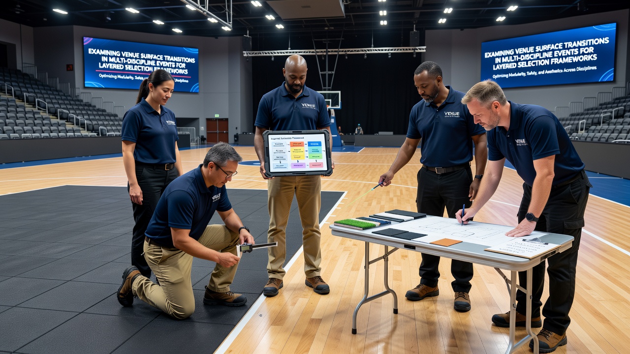 Detailed view of venue surface materials used in multi-discipline athletic competitions