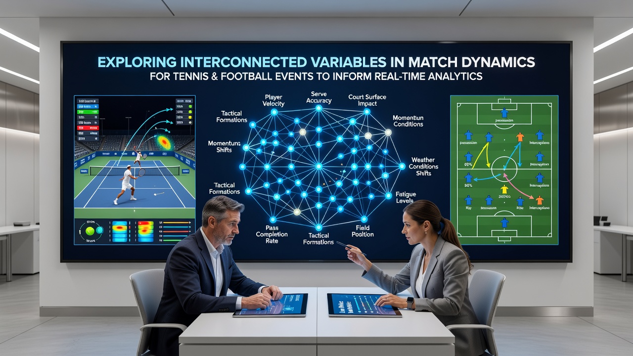 Analysts reviewing interconnected match data on tablets during a live tennis and football event