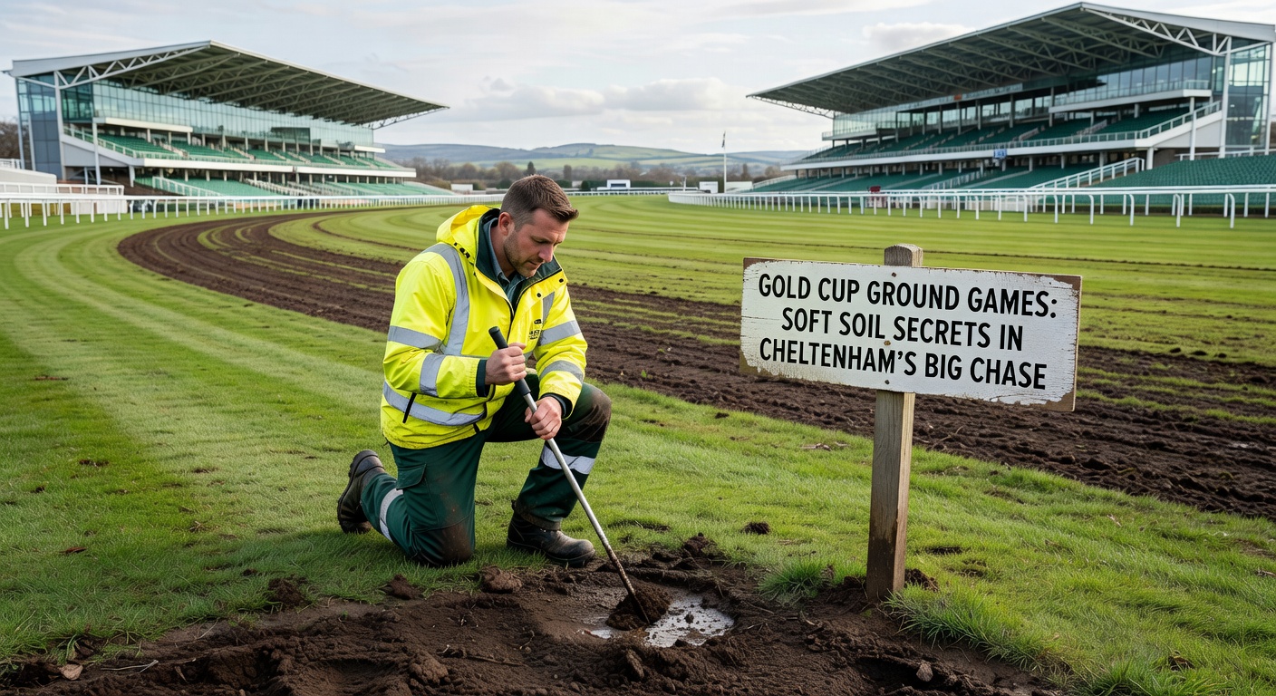 Close-up of horses battling through soft turf in a previous Cheltenham Gold Cup, highlighting splashes of mud and intense competition
