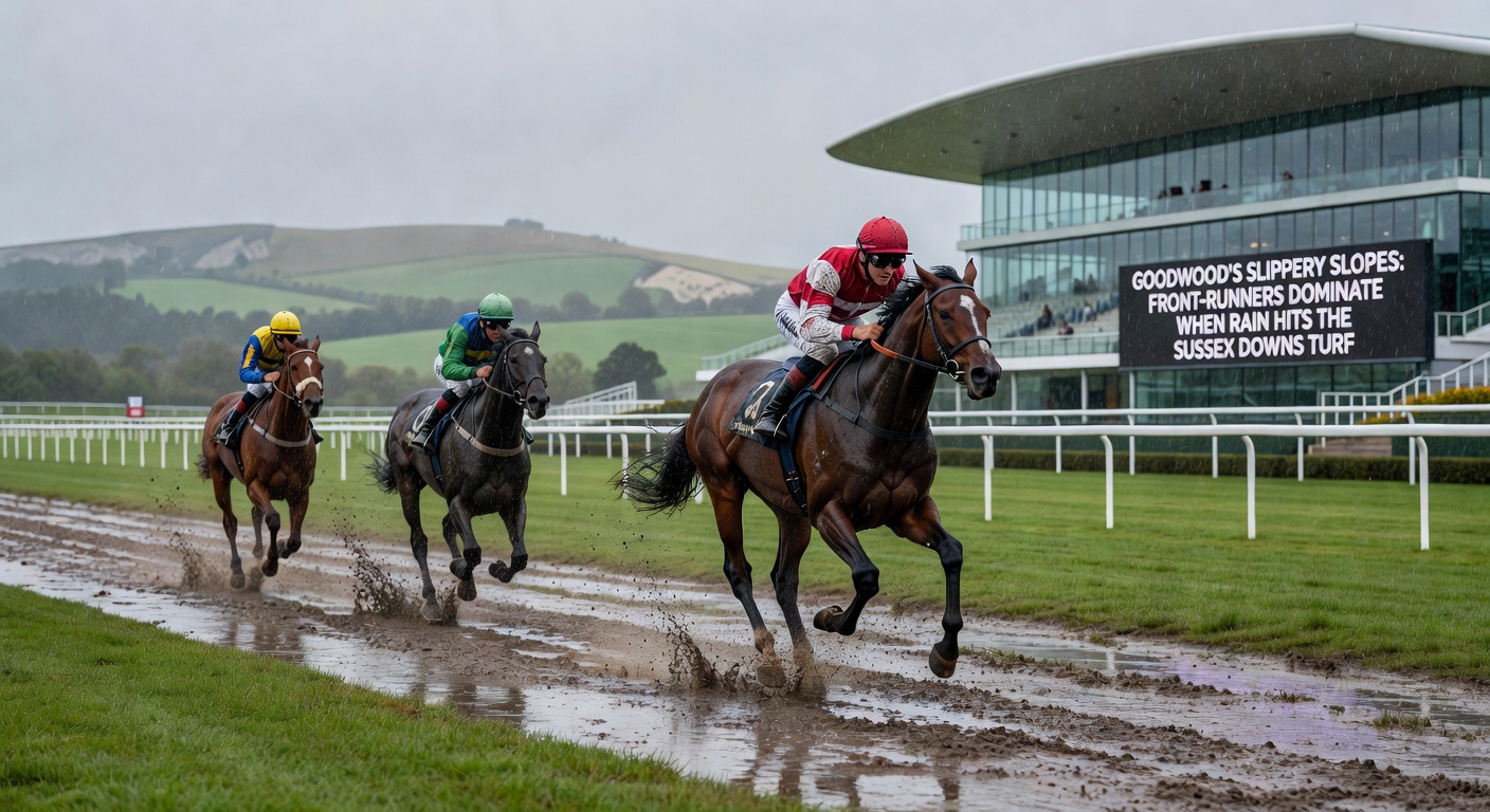Close-up of a front-running horse kicking up mud on Goodwood's downhill straight during heavy rain, jockey urging it on amid spraying turf