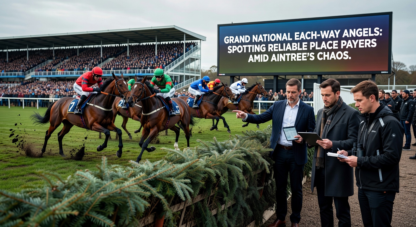 A cluster of horses mid-race at Aintree, highlighting a reliable place payer navigating chaos while others falter, with the famous Chair fence in the background