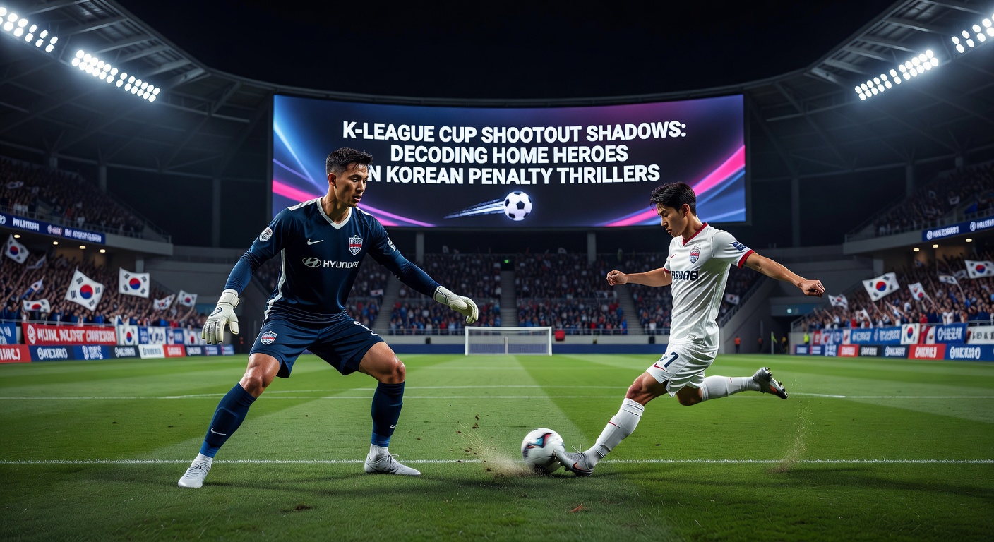Close-up of a K-League Cup home team captain celebrating a penalty save, teammates mobbing the keeper amid flares and flags