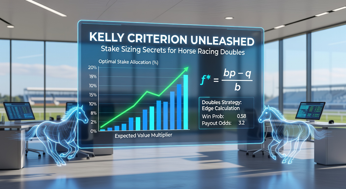 Example calculation of Kelly stakes for a horse racing double bet with overlaid probability distribution