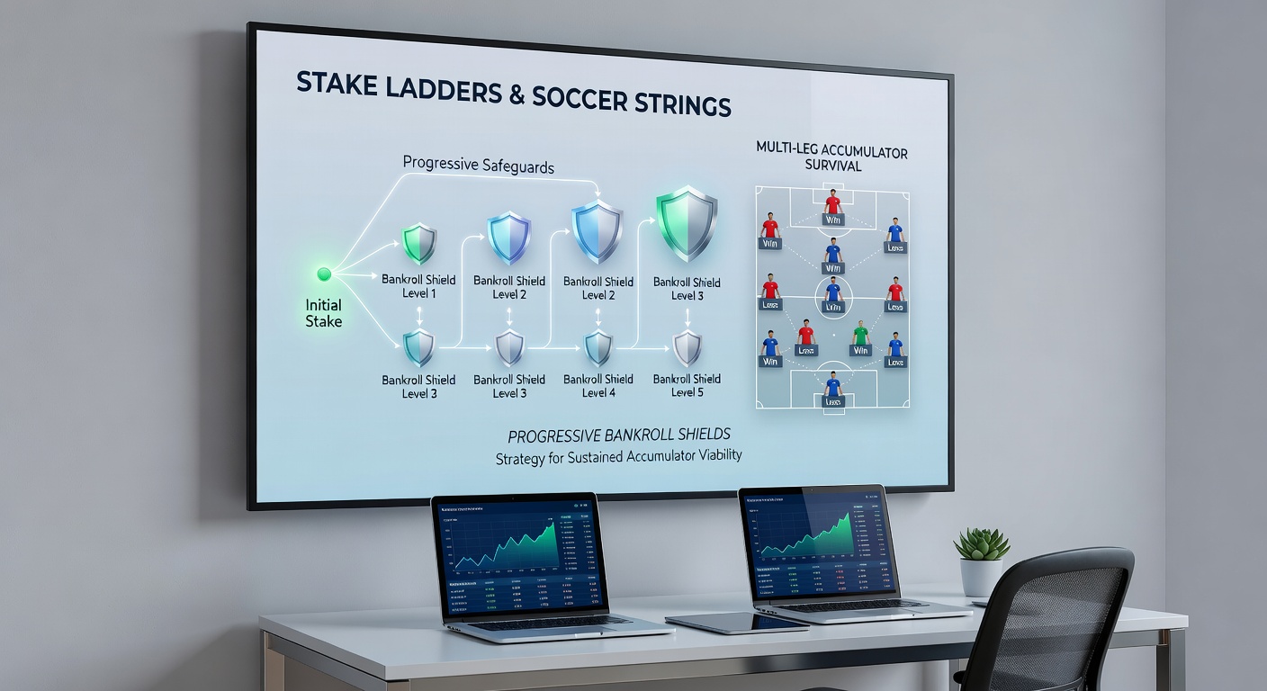Chart illustrating bankroll growth curves for stake ladder versus flat staking in a sample soccer accumulator string